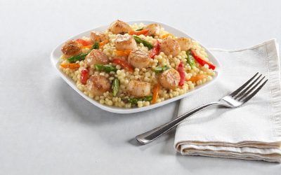 Lemon & Herb Butter Scallops with Couscous, Asparagus & Sweet Peppers